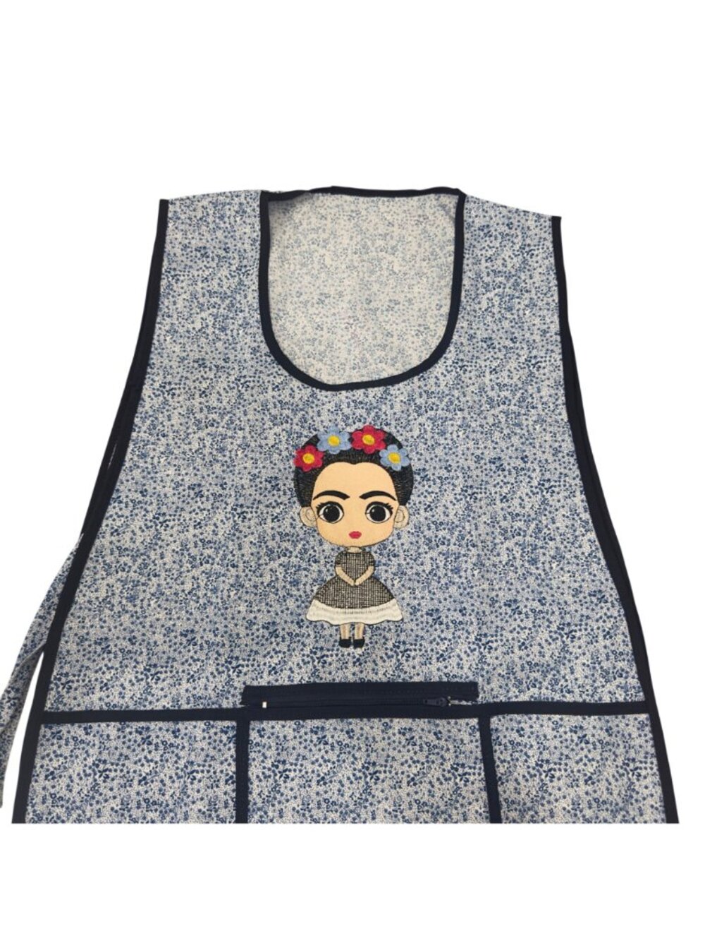 Apron Women One Size Blue Floral Frida-Inspired Embroidered Pockets Tie Closure - Picture 8 of 8